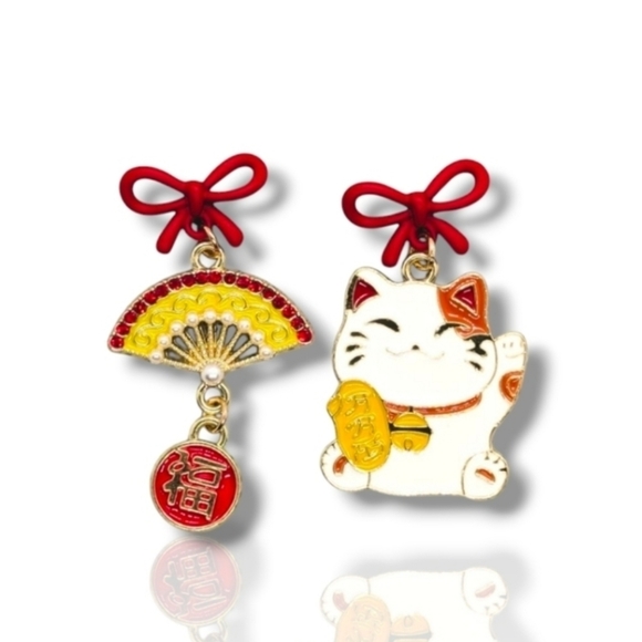 Fortune Cat & Fan Drop Earrings Lucky Chinese Gift - Picture 4 of 8
